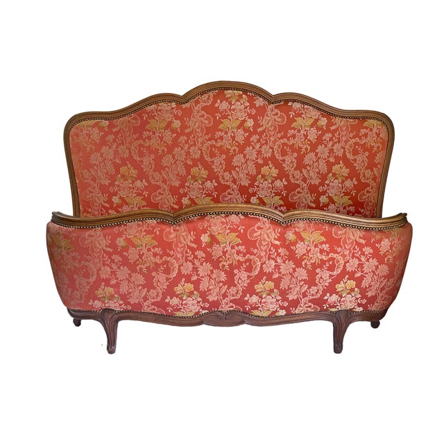 French Vintage French Carved Walnut Upholstered Double Bed Frame Red Floral Damask Louis XV Style For Sale - Image 3 of 9