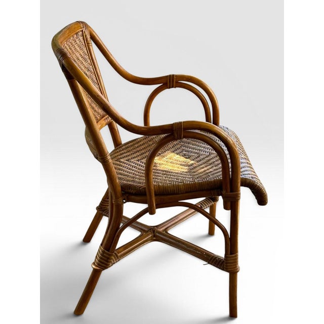 Vintage French Style Bistro Bamboo and Rattan Dining Set Round Glass Top Table and Four Armchairs 5 Pieces For Sale - Image 4 of 16