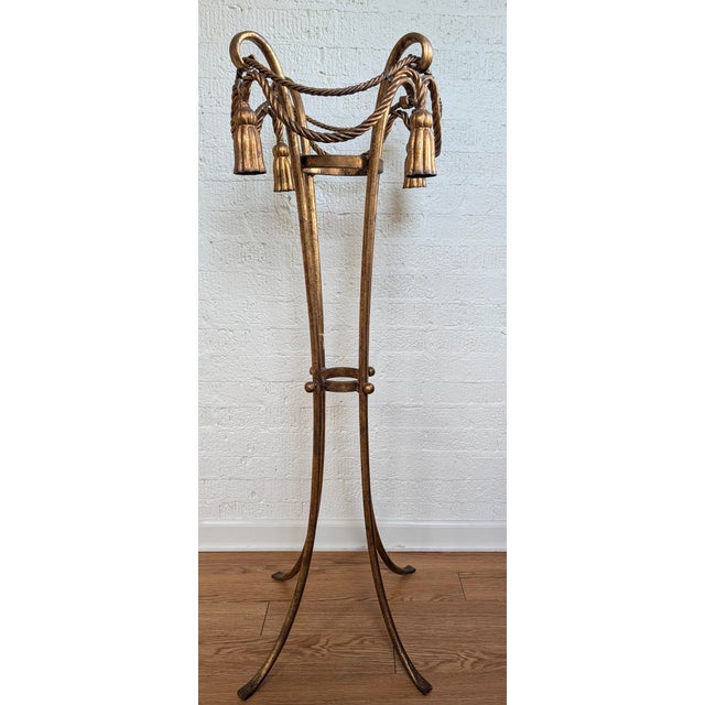 Hollywood Regency Vintage Gilded Cast Iron Fern/Plant Pedestal Stand Rope and Tassel Detail For Sale - Image 3 of 4