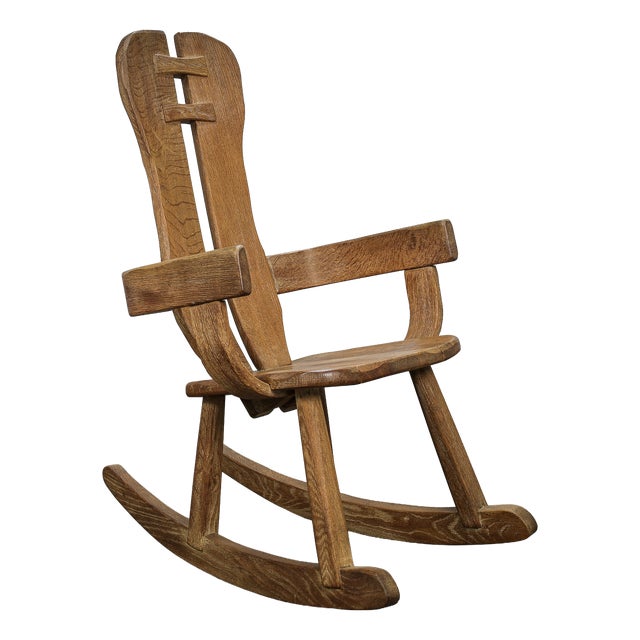 Brutalist Oak Rocking Chair by De Puydt, 1970s For Sale