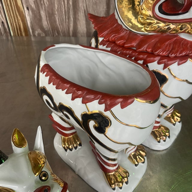 Late 20th Century Vintage Italian Gilt Tipped Lidded Porcelain Foo Dogs - a Pair For Sale - Image 5 of 7