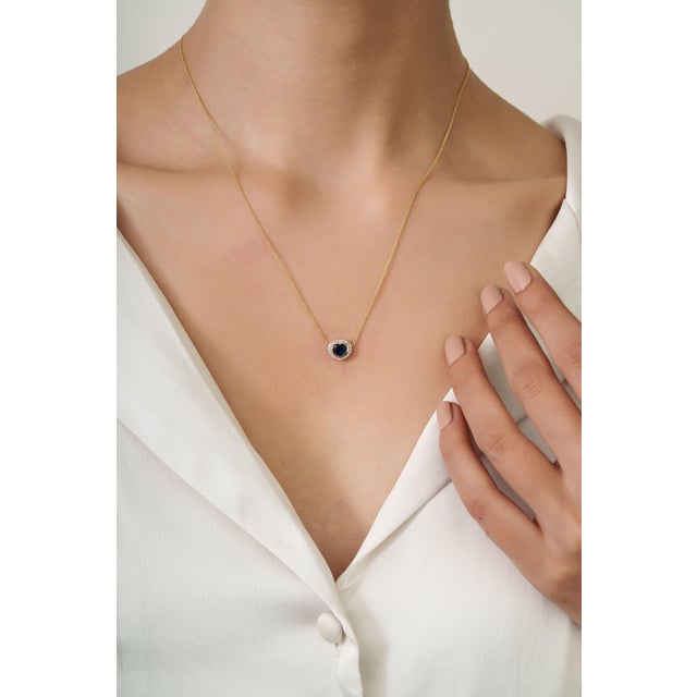 Ink Blue Mid 20th Century Inspired Sapphire Diamond Heart Necklace in 14k Gold For Sale - Image 8 of 14