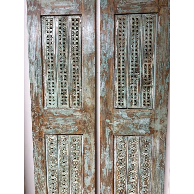 1920s Antique Indian Carved Wood Doors With Brass Studs – Rustic Farmhouse Barn Doors 80x40 For Sale - Image 5 of 8