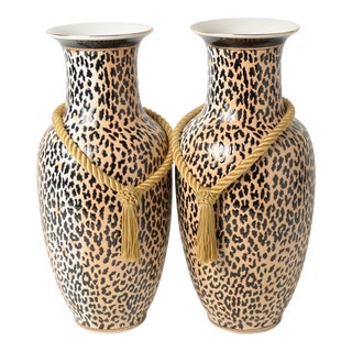 Pair of Contemporary Leopard Pattern Porcelain Large Vases with Fabric Tassel Accents For Sale