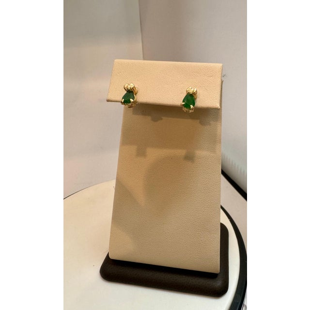 Natural Pear Shape Emerald Post Earrings 14 Karat Yellow Gold For Sale - Image 11 of 18