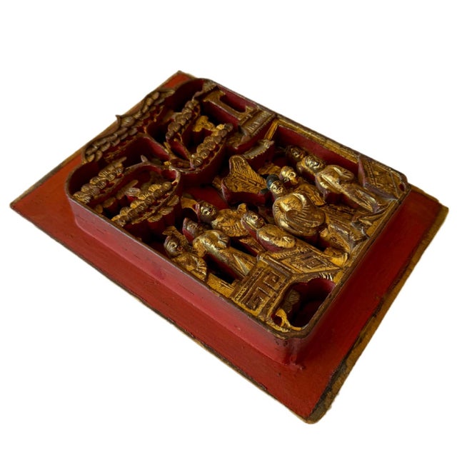 Wood Antique Chinese Gilt-Wood High-Relief Carved Wall Panel For Sale - Image 7 of 11
