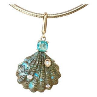 Epic Australian Opal Shell Pendant With Diamonds, Emerald & 14k Gold For Sale