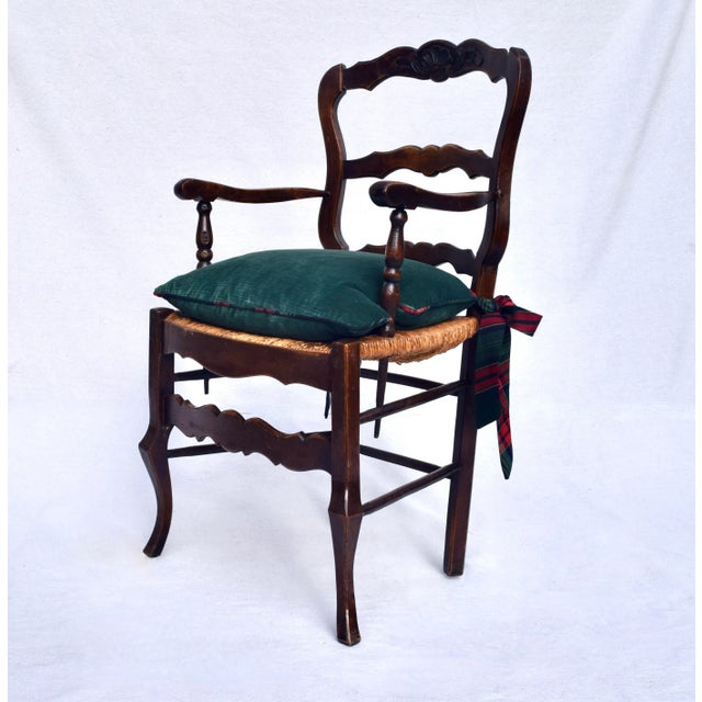 Antique French Country Walnut Rush Seat Accent Arm Chairs For Sale - Image 4 of 8