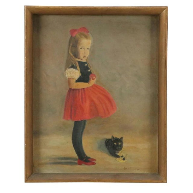 American C. L. Malcolm (American 20th C.) 1940's Oil Painting of Young Girl and a Favorite Cat For Sale - Image 3 of 9