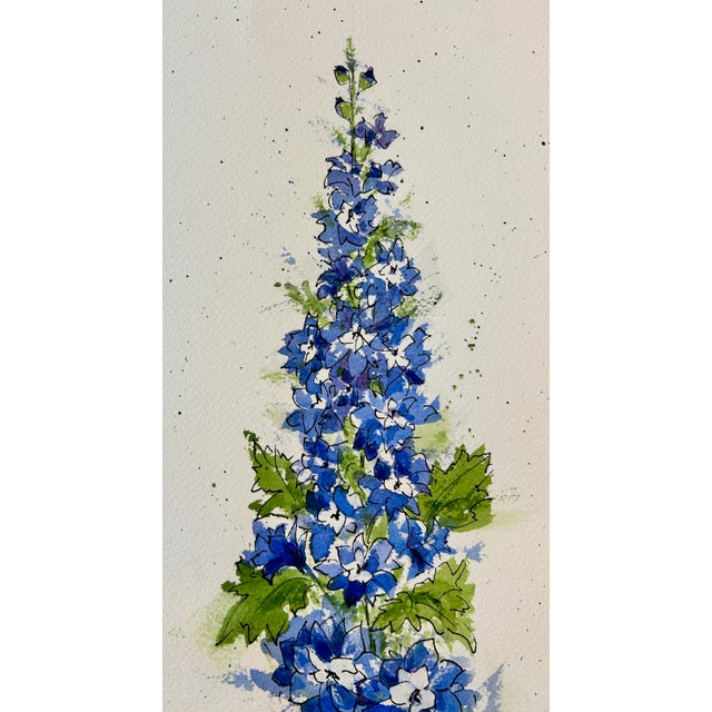 Paper Original “Blue Delphinium” Watercolor Tall Painting For Sale - Image 7 of 12