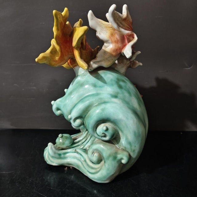 Ceramic Vintage Shiwan Kiln Glazed Double Fish & Lotus Sculpture / "Abundance" Statue For Sale - Image 7 of 7