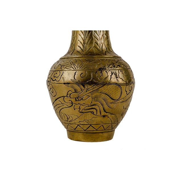 Brass Pair of Vintage Chinese Etched Brass Vases For Sale - Image 8 of 11