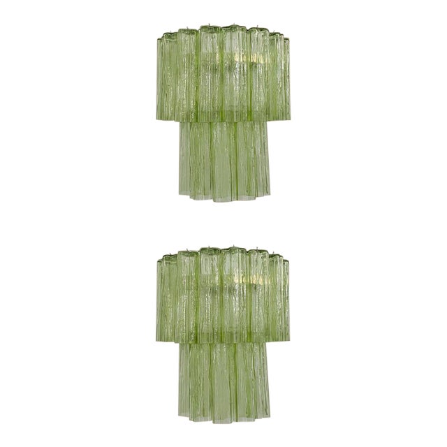 Fantastic Murano Glass Tube Wall Sconces in Green Glass & Nickel, Italy, Style - a Pair For Sale