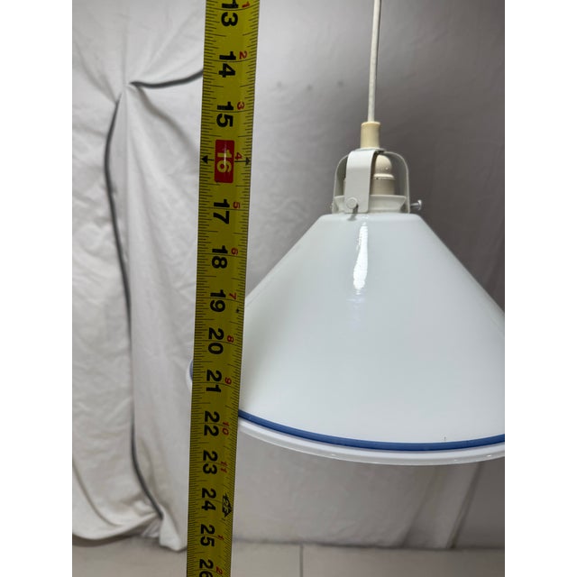 White Vintage Cone Shaped Milk Glass Pendant Light Fixture White With Blue Ring For Sale - Image 8 of 8