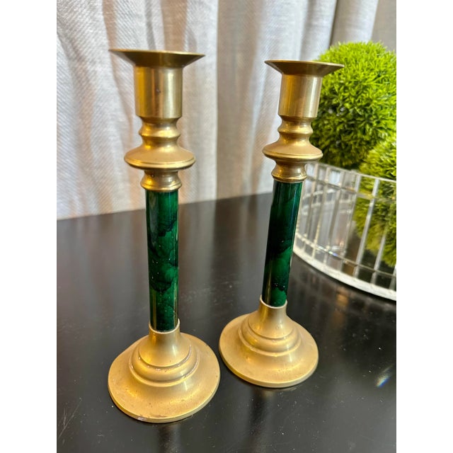 1960s Malachite Style & Brass Candle Holders , Pair For Sale - Image 5 of 5