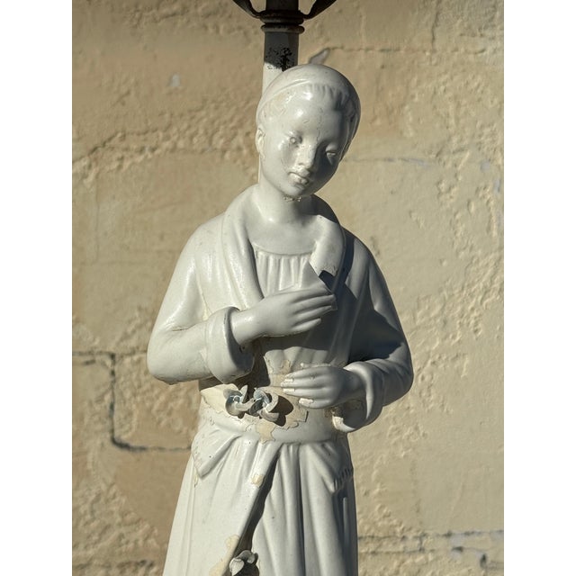 1940s Pair of Lamps White Porcelain Figurines With Custom Pinstriped Shades For Sale - Image 10 of 16
