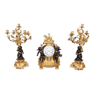 19th C. French Louis XV Style Ormolu & Bronze Clock Set by Balthazard Paris For Sale