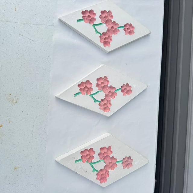 Mid 20th Century Cherry Blossom Chalkware Wall Plaques- Set of 3 For Sale - Image 9 of 12
