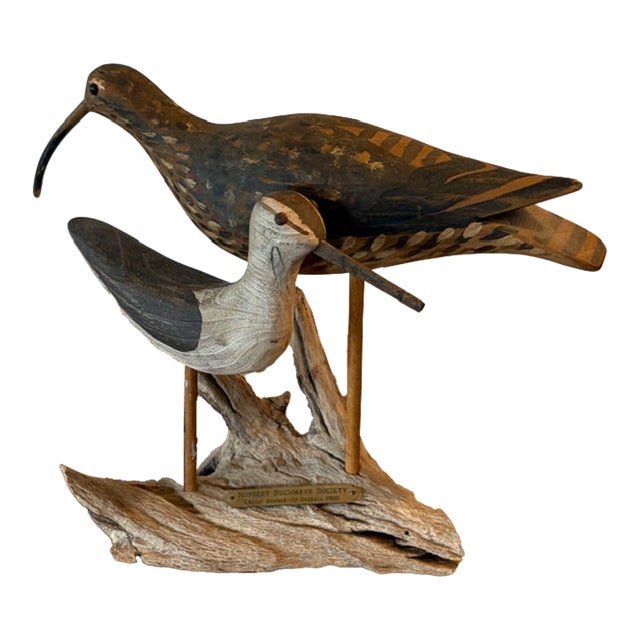 Vintage Hand Carved and Painted Wooden Shorebirds, Folk Art, Signed Wek For Sale