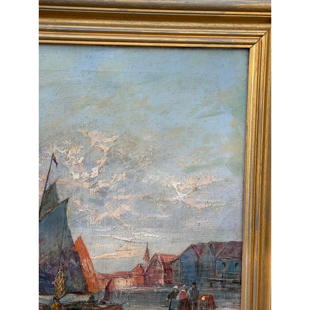 This is a beautiful 19th century English oil on canvas "Fisherman Unloading the Catch at Sunset" This painting has amazing...