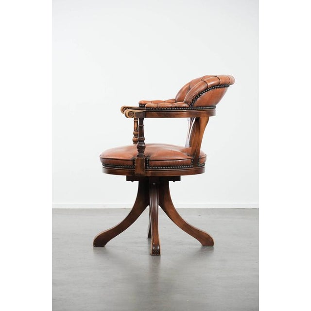 English Style Cowhide and Wood Chesterfield Office Chair with Decorative Nails For Sale - Image 5 of 17
