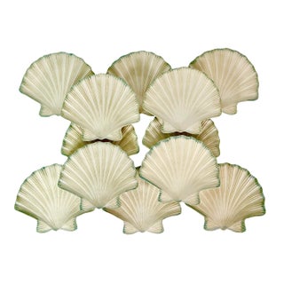 Vintage Hollywood Regency Coastal Clam Sea Shell Dinner Plates, Trompe L’Oeil Style - Set of 12.. For Sale