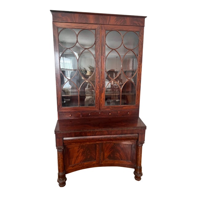 19th C. Empire Flame Mahogany Secretary Bookcase For Sale