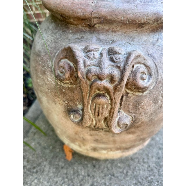 Vintage Tuscan Style Terracotta Garden Urn With Mascaron Handles and Heraldic Crest For Sale - Image 4 of 9