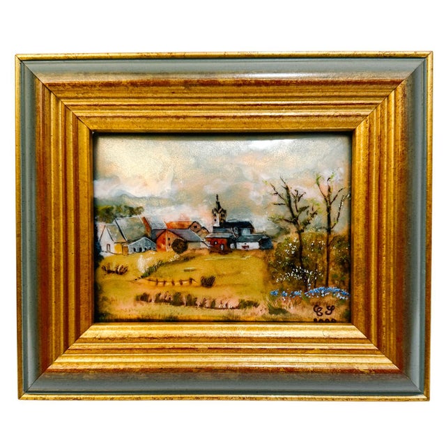 French Provincial Vintage French Hand-Painted Petite Enamel Landscape Framed Paintings - Set of 2 For Sale - Image 3 of 13