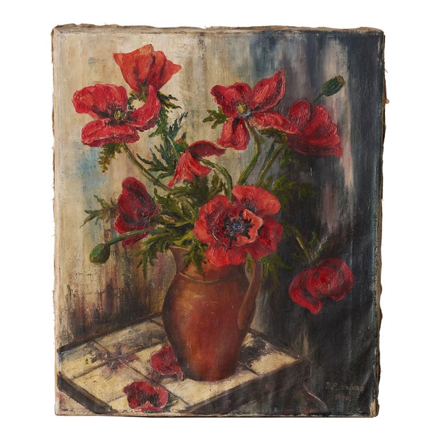 Original Oil on Canvas of Red Poppies (Signed 1946) For Sale