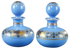 Blue Opaline Perfume Bottles with Desvignes Decoration, Set of 2