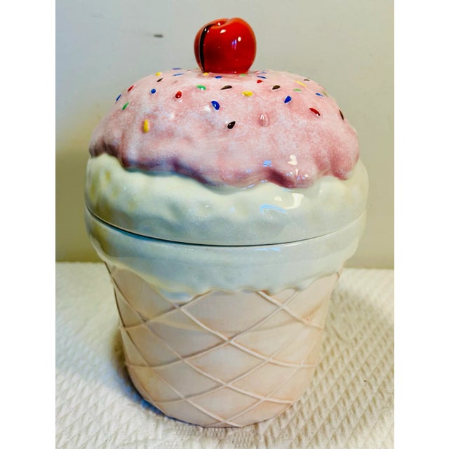 Contemporary Vanilla Ice Cream Cone Cookie Jar With a Cherry on Top For Sale - Image 3 of 7