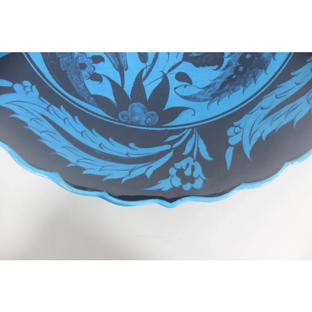 Vintage Turkish Ceramic Wall Plate, Signed by Artist, Hand Painted Boho Decor, Styling Pomegranate Floral Deep Blue Teal Black For Sale - Image 4 of 10