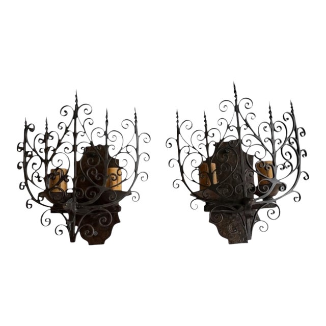 Rare Pair of Antique Wrought Iron Wall Sconces Curca 1920’s For Sale
