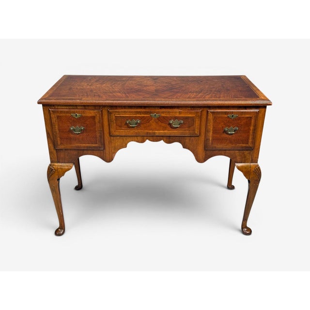 Traditional Queen Anne, Lowboy Writing Desk, Crotch Mahogany Veneer, Walnut, England, 19th C. For Sale - Image 3 of 16