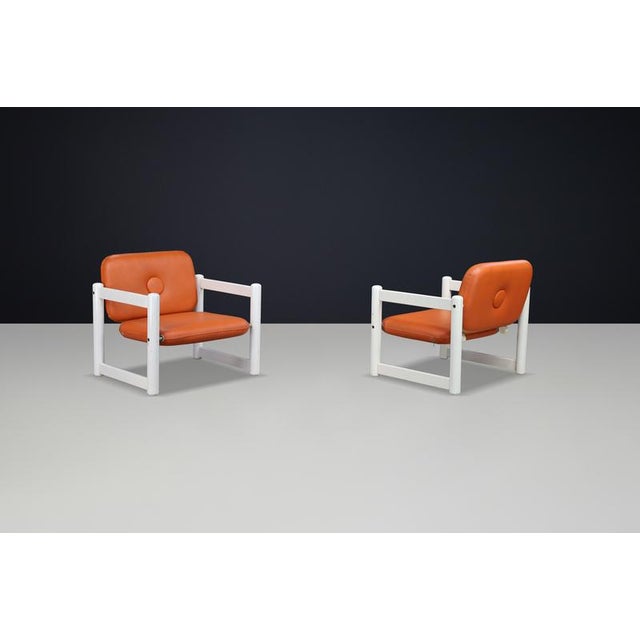 Gold Italian Low Lounge Chairs in White Wood & Cognac Skai, 1970s, Set of 2 For Sale - Image 8 of 9