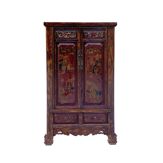Chinese Vintage Brown Golden Scenery Armories Storage Cabinet For Sale - Image 11 of 11