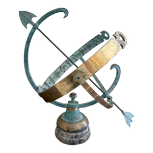 Vintage English Country Brass and Iron Verdigris Garden Armillary Sundial