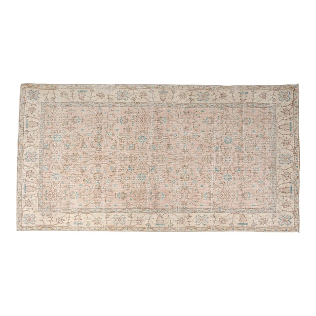 Sky Blue & Peach Area Rug, Vintage Floral Wool Carpet For Sale