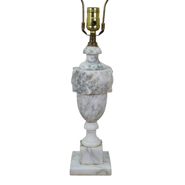 Mid to early 20th century white and gray veined alabaster / marble table lamps, carved in the shape of neoclassical /...