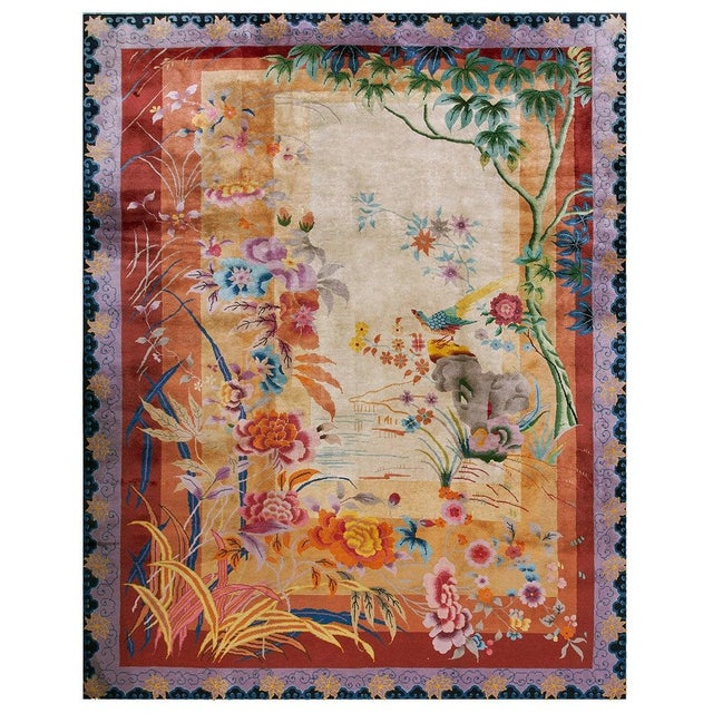 1920s Ivory Scenic Floral Antique Chinese Art Deco Rug 8'10" X 11'6" Handknotted Wool Carpet For Sale - Image 17 of 18