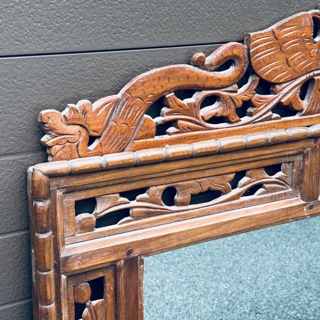 Asian Antique Antique Indonesian Hand Carved Teak Wall Mirror With Openwork For Sale - Image 3 of 12
