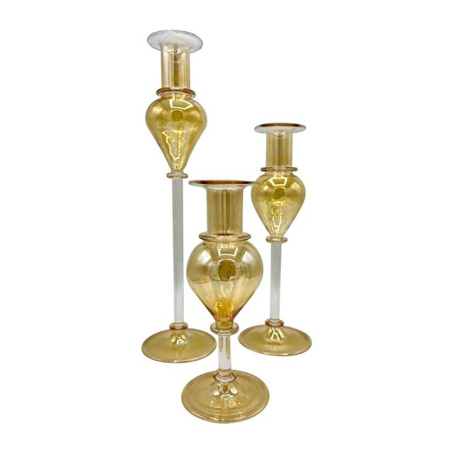 Gold Murano Glass Candleholders, Italy, 1990s, Set of 3 For Sale - Image 6 of 6