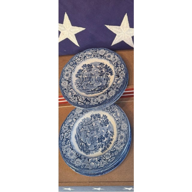 1970s Vintage Liberty Blue Monticello Plates – Staffordshire Ironstone, Americana Transferware, Bicentennial Era - Set of 7 For Sale - Image 5 of 5