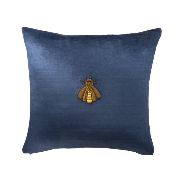 Navy Bee Silk Velvet Embroidered Throw Pillow Cover, 20 X 20 For Sale In Miami - Image 6 of 6