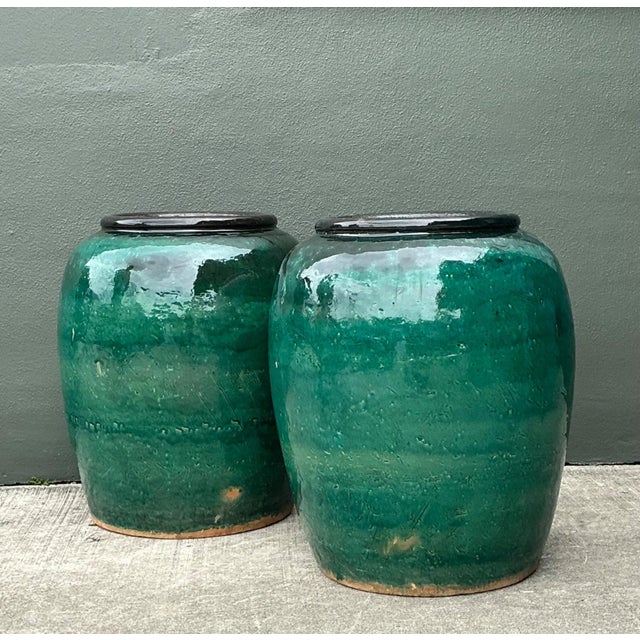 Vintage Green Glazed Earthenware Vessels - A Pair For Sale In West Palm - Image 6 of 18