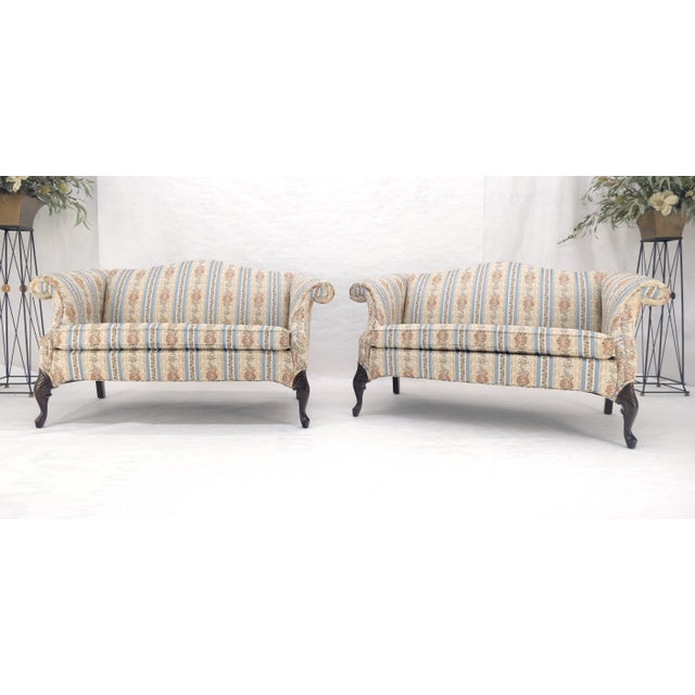Pair of Camelback Loveseat Blue & White Striped & Floral Upholstery MINT! For Sale - Image 11 of 18