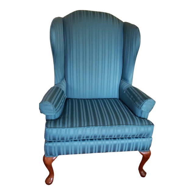 Broyhill American Classic Wingback Chair in Sky Blue Fabric For Sale