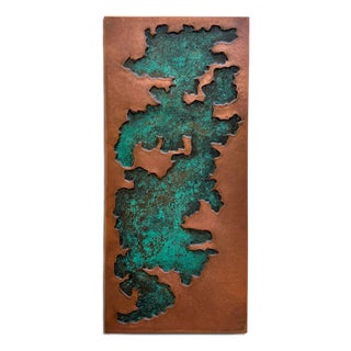Abstract Geologic Metal Wall Sculpture With Green Patina For Sale