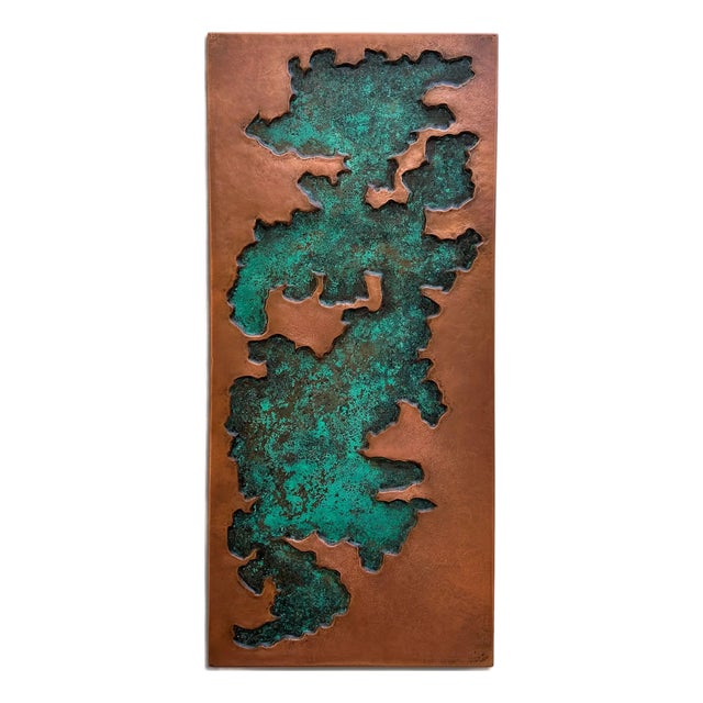 Abstract Geologic Metal Wall Sculpture With Green Patina For Sale